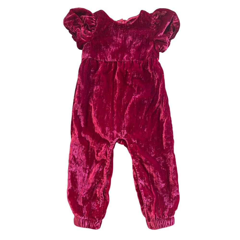 Cat & Jack Girls 18M Red Crushed Velvet Puff Sleeve Jumpsuit Romper Christmas